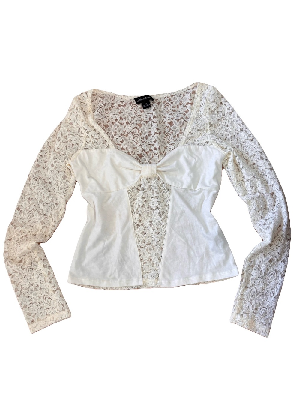 White Lace Bow-Front Long Sleeve Blouse
